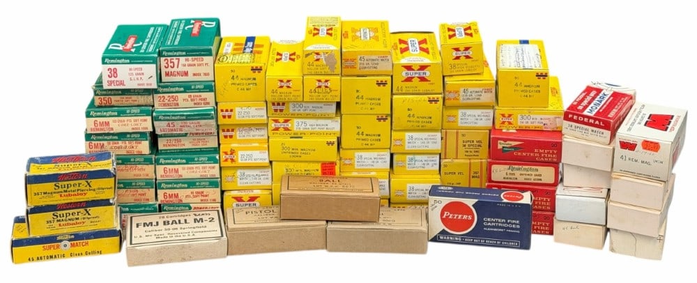 Group of Collector Winchester, Remington, Match & Peters Ammo Boxes and Brass: Group of Collector Winchester, Remington, Match & Peters Ammo Boxes and Brass.? Lot contains 70 collector ammo boxes, most of the boxes contain all the brass.? Boxes are in nice used condition.? Boxes