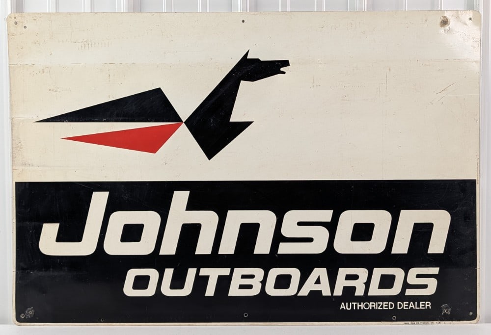 3ft Vintage SST Johnson Seahorse Outboards Boat Motors Dealership Sign: Vintage single sided metal Johnson Outboard Boat Motors dealer sign. Has paint loss, scratches, discoloration, and other wear from use and age. Measures approximately 3ft across by 2ft tall