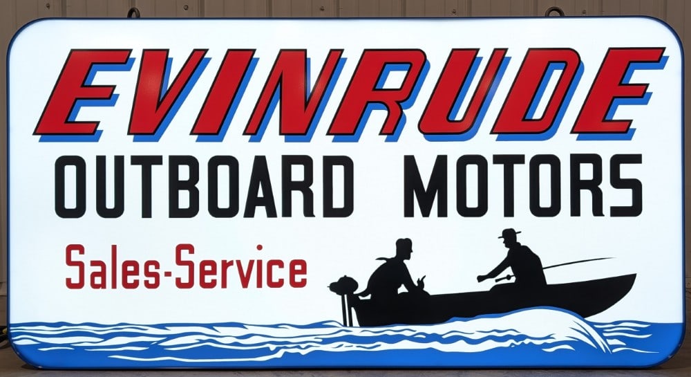 4-1/2ft Custom Evinrude Outboard Boat Motors Lighted Sign: Large custom Made Evinrude Outboard Boat Motors lighted sign. It features an acrylic / plastic face and metal can. Appears to be in nice working condition with light wear from display and storage. It