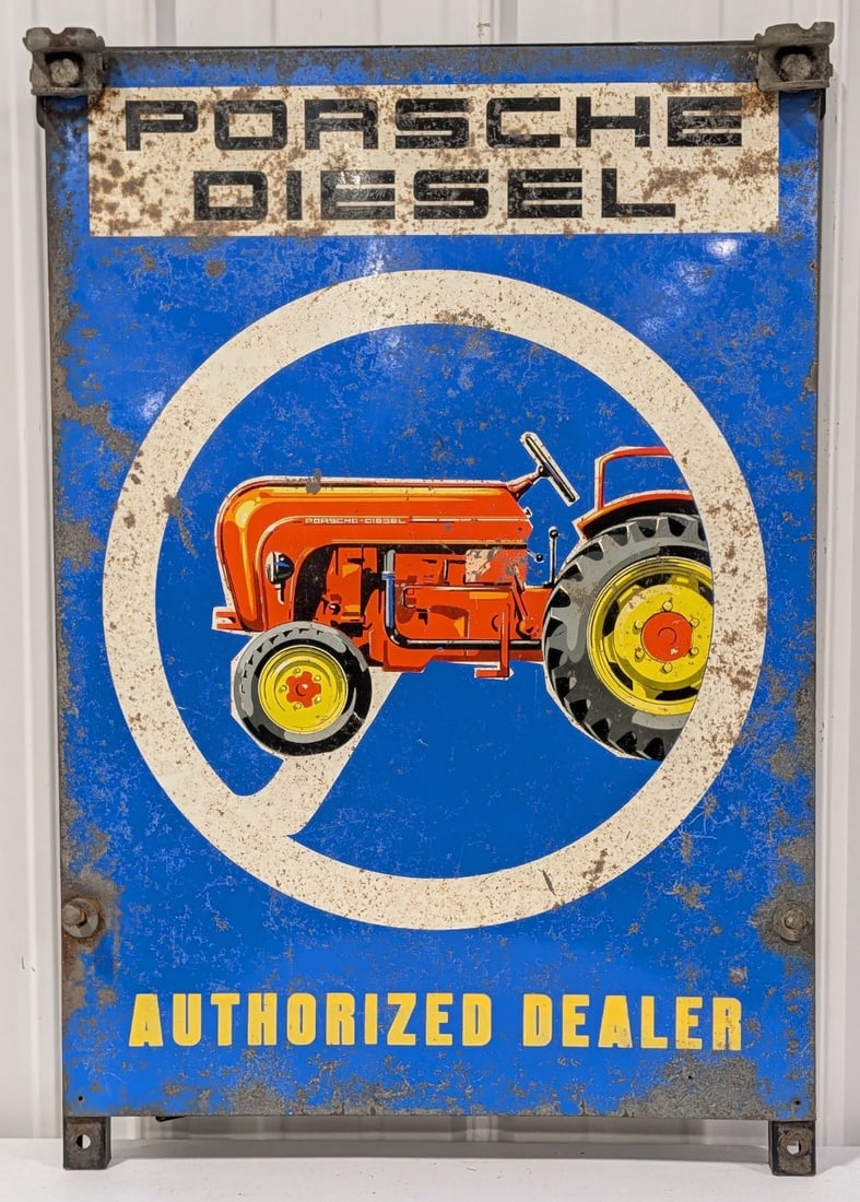 SST Porsche Diesel Tractors Authorized Dealer Sign: Single sided tin Porsche Diesel Tractors Authorized Dealer sign. Has paint loss, surface rust, and wear. Still displays well with tractor graphic. It measures approximately 27-1/2in tall by 19-1/2in a