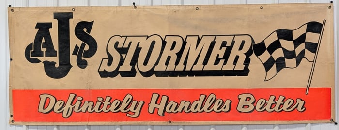 7-1/2ft 1960s AJS Motorcycle Dealership Stormer Canvas Advertising Banner