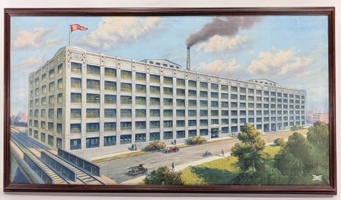 Early 1900s Excelsior Motorcycle Factory Building Oleograph