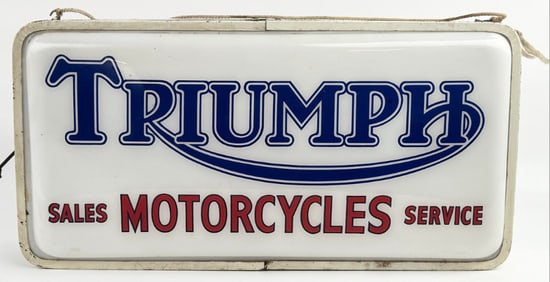 Scarce 2ft Vintage 2-Sided Triumph Motorcycle Lighted Lexan Dealership Sign By Neon Products