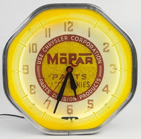 Vintage Chrysler Mopar Parts & Accessories Dealership Neon Clock By NPI / Dodge