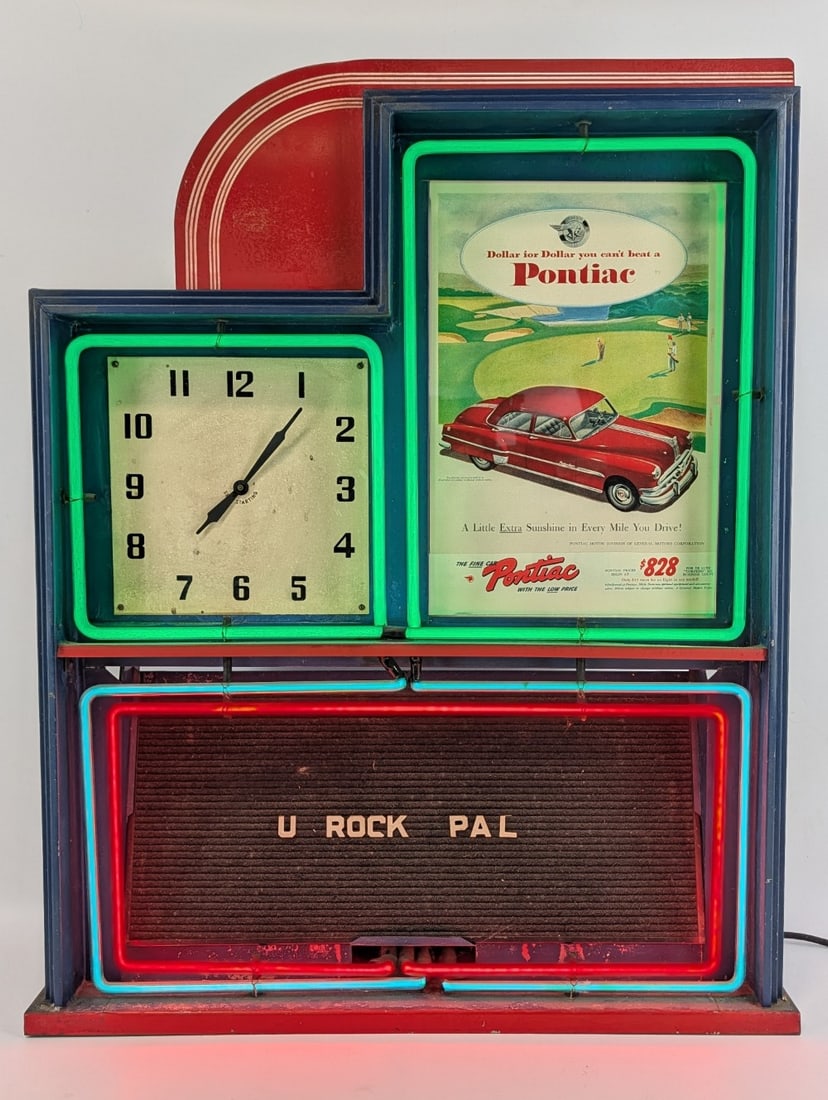 Vintage Art Deco Neon Advertising Dealership Clock w/ Pontiac Advertising (1 of 15)
