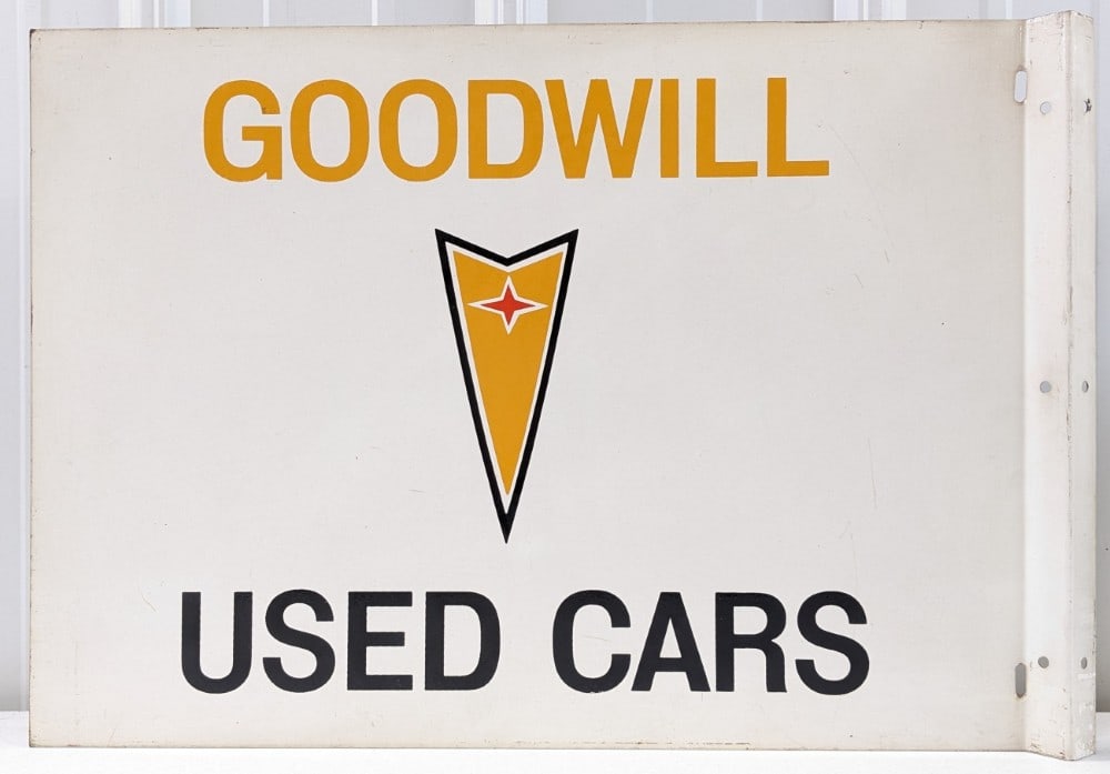 Original 1960s DST Pontiac Goodwill Used Cars Dealership Flange Sign: Hard to find original vintage 1960s double sided metal Pontiac Goodwill Used Cars dealership flanged advertising sign. Appears to be in good condition with some paint loss, scratches, discoloration, a