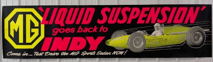 8ft Vintage 1960s MG Dealership Indy 500 Racing Banner / Liquid Suspension