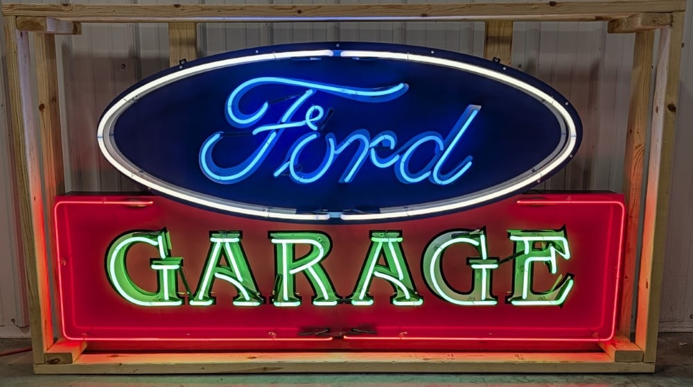 Custom Ford Garage Neon Sign: Custom Ford Garage neon advertising sign. Sign features high gloss shine, new neon glass,and transformers. Easily displayed with die cut can featuring hanging brackets. Has been nicely crated for easy