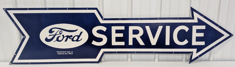 6ft SSP Ford Service Die-Cut Arrow Dealership Style Replica Advertising Sign: Large single sided porcelain Ford Service die-cut arrow replica advertising sign. Appears to be in nice condition with some porcelain loss, scratches, and wear from display and storage. It measures ap