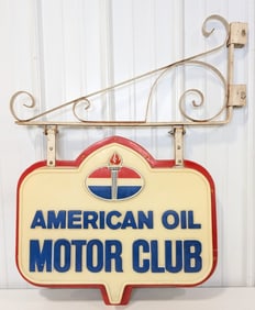 Vintage American Oil Motor Club Double Sided Embossed Lexan Sign w/ Bracket