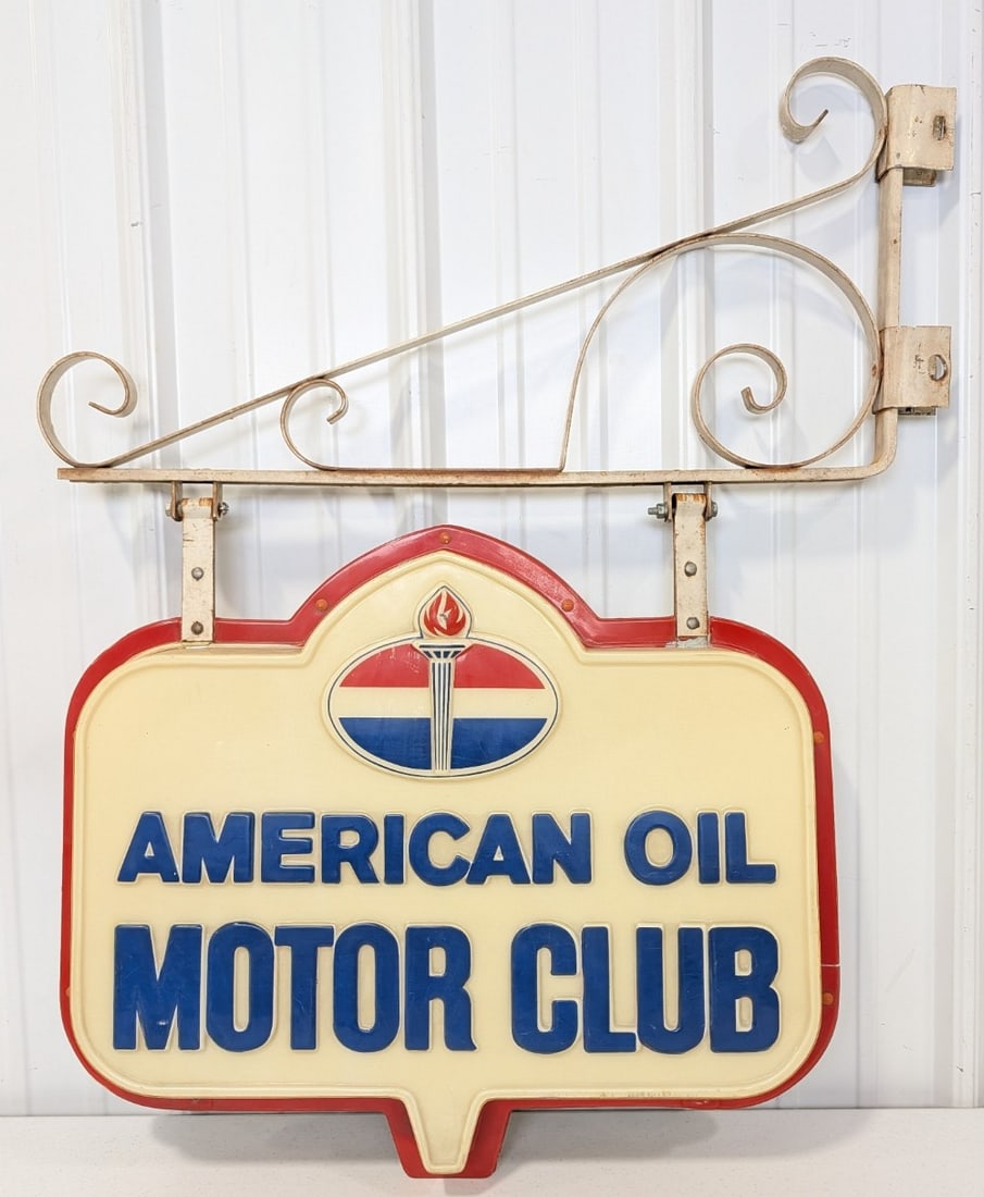 Vintage American Oil Motor Club Double Sided Embossed Lexan Sign w/ Bracket (1 of 11)