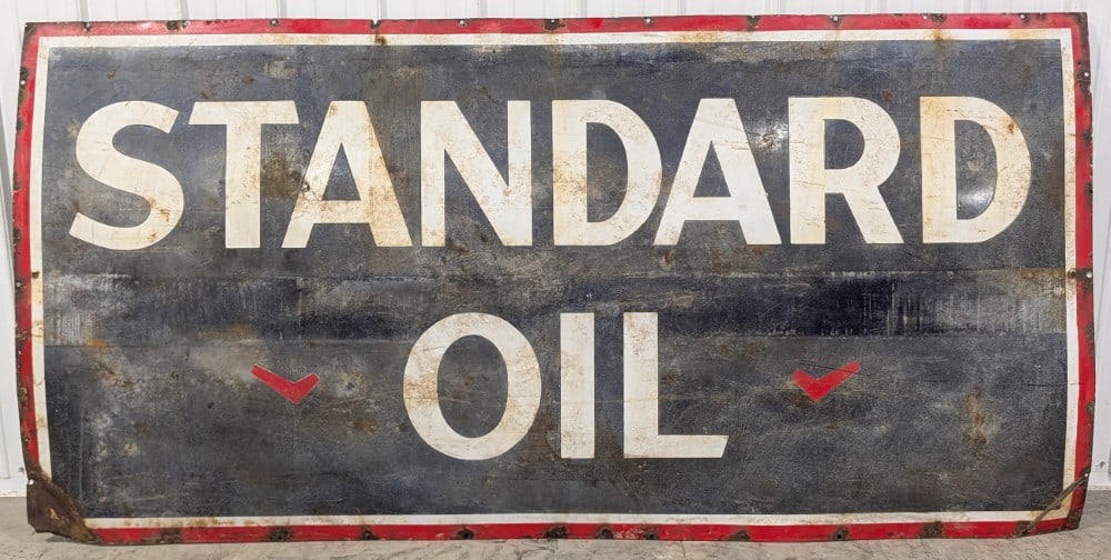 8ft Vintage SSP Standard Oil Advertising Sign: Large vintage single sided porcelain Standard Oil advertising sign. Has porcelain loss, rust damage around edges, bent corners, fading, and other wear form use and age. Still displays well and will cl