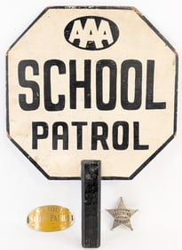 Vintage AAA School Patrol 2-Sided Sign w/ Badges