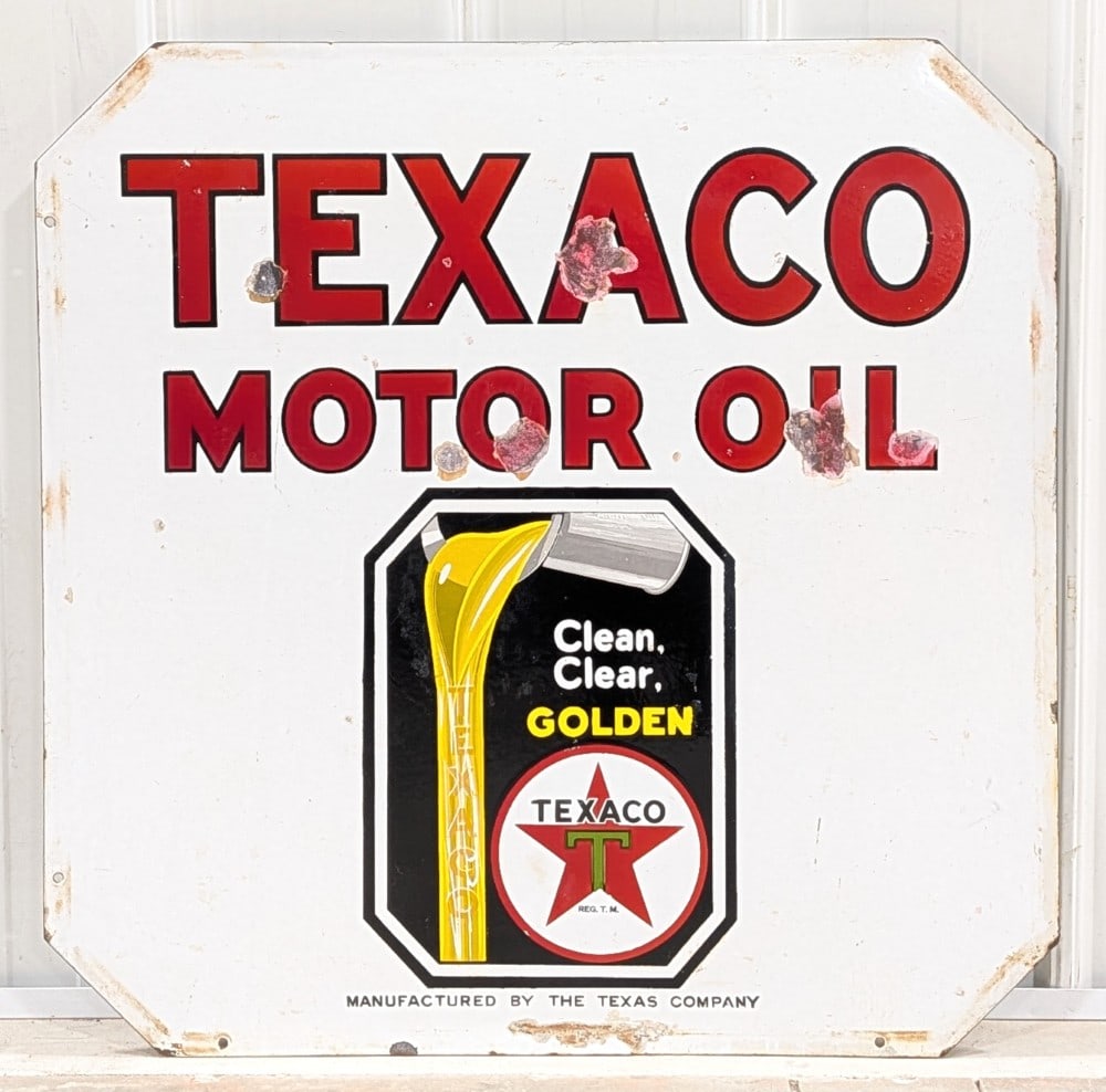 DSP Texaco Motor Oil "Clean, Clear Golden" Advertising Sign (TAC): Vintage double sided porcelain Texaco Motor Oil "Clean, Clear Golden" advertising sign. The sign has has chips in the field, discoloration, and edge wear. The sign measures approximately 30" tall by 3