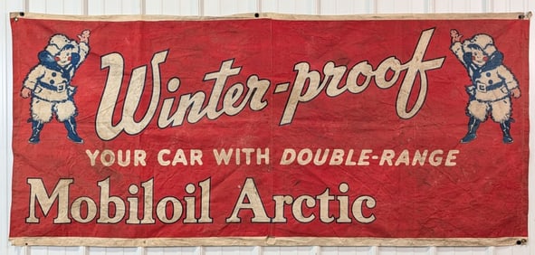 Large Early Mobiloil Arctic Winter-Proof Motor Oil Cloth Banner w/ Eskimo Graphics