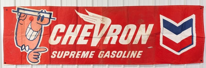 Nearly 10ft Vintage Chevron Supreme Gasoline Service Station Canvas Banner