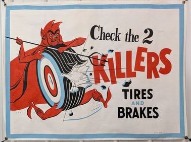 4ft 1950s-60s Devil Tire Auto Shop Canvas Banner