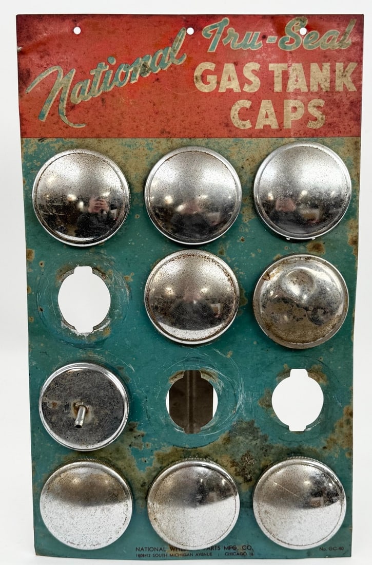 Vintage National Tru-Seal Gas Tank Caps Tin Countertop Auto Shop Display (1 of 6)