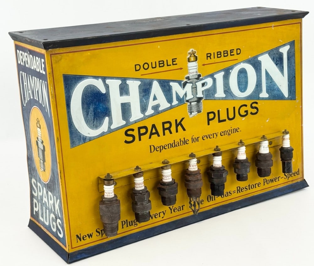 Early Double Ribbed Champion Spark Plugs Embossed Tin Countertop Store Display (1 of 13)