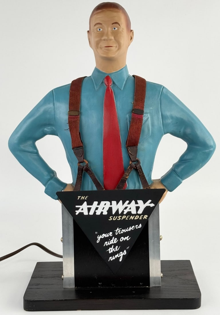 Vintage Airway Suspenders Motorized Motion Countertop Advertising Display: Incredible vintage Airway Suspenders motorized motion advertising countertop display. When powered on the man moves sided to side showing the elasticity of the suspenders. It appears to be in nice res