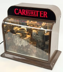 Early Carter Carbureter Glass Lighted Countertop Display Case w/ Carburetors