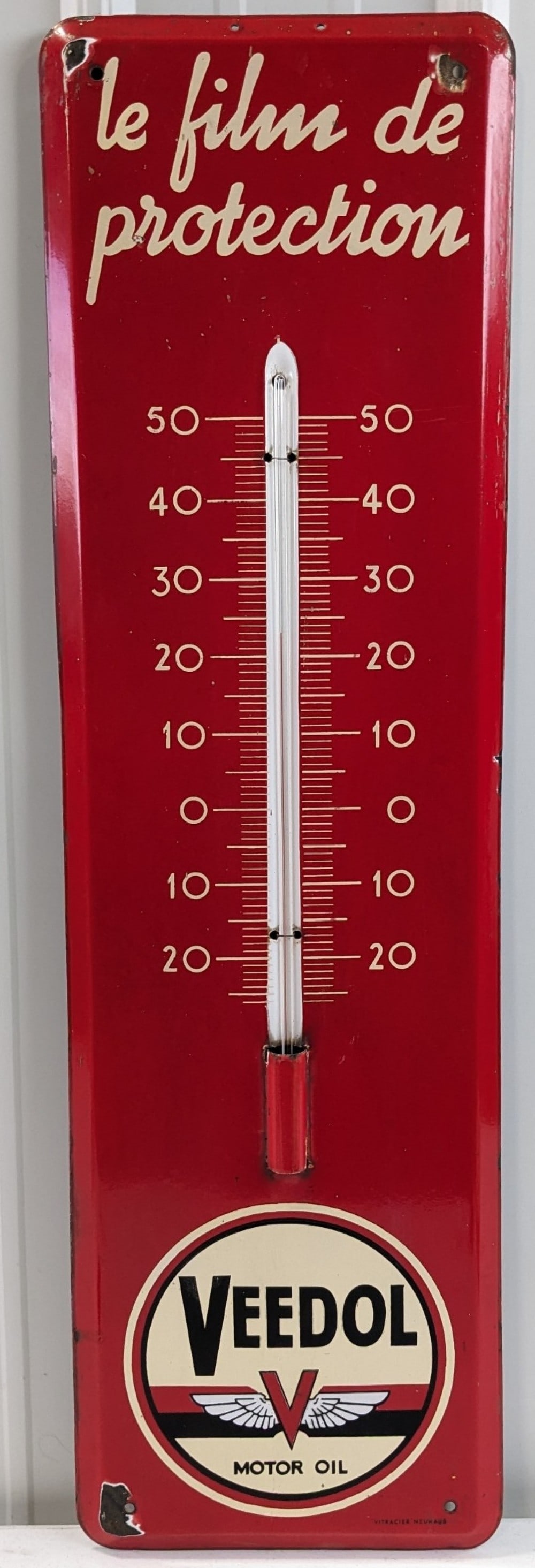 Large 39in Vintage SSP Veedol Motor Oil Advertising Thermometer w/ Winged Logo: Hard to find original vintage single sided porcelain Veedol Motor Oil Advertising Thermometer with winged graphics. Appears to be in nice condition with some porcelain loss, rust on back side, and oth