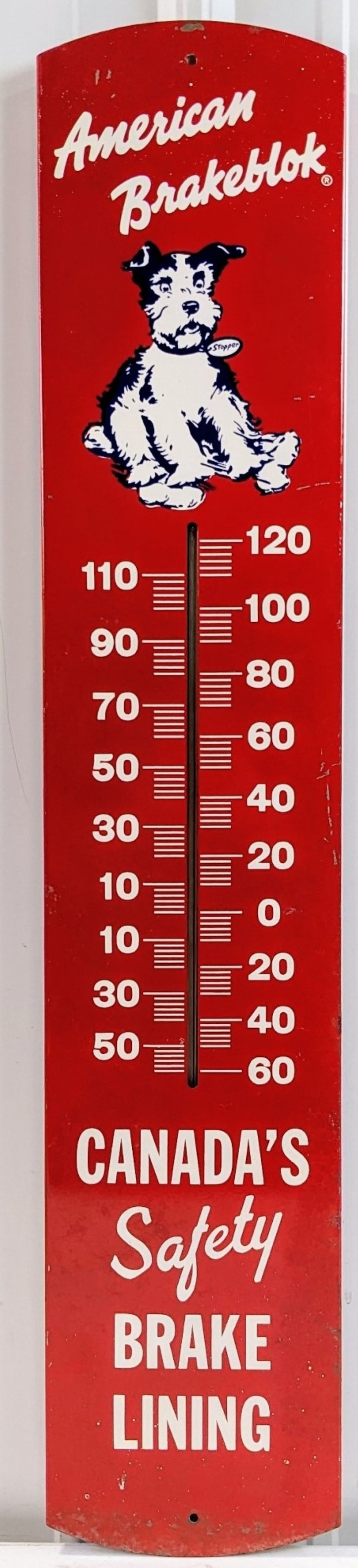 3ft Vintage SST American Brakeblok Auto Brake Lining Thermometer Sign w/ Stopper The Dog Graphic: Large vintage single sided metal American Brakeblok Safety Brake Lining advertising thermometer. Appears to be in nice condition with some paint loss, scratches, and wear from use and age. Displays we
