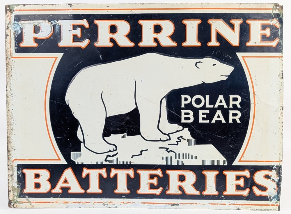 Vintage SST Perrine Batteries Embossed Advertising Sign w/ Polar Bear Graphic: Hard to find original vintage single sided embossed tin Perrine Batteries advertising sign. Appears to be in overall good condition with some paint loss, scratches, and wear from use and age. It does