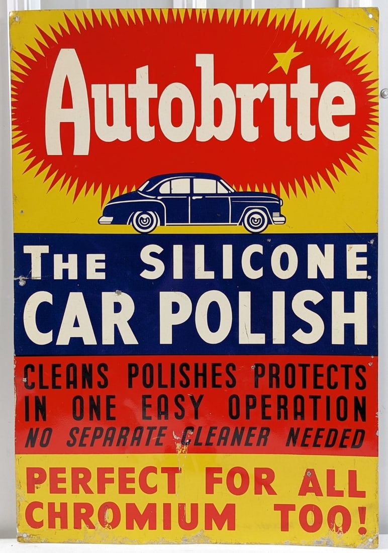 Vintage SST Autobrite Car Polish Advertising Sign w Automobile Graphic (1 of 5)