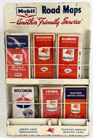 Vintage Mobil Service Station Road Map Display Rack Full Of Maps / Mobil Gas Sign