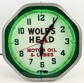 Vintage Wolf's Head Motor Oil Neon Advertising Clock Bh NPI