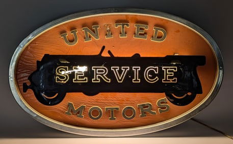 United Service Motors w/ Logo Lighted Masonite Sign (TAC)