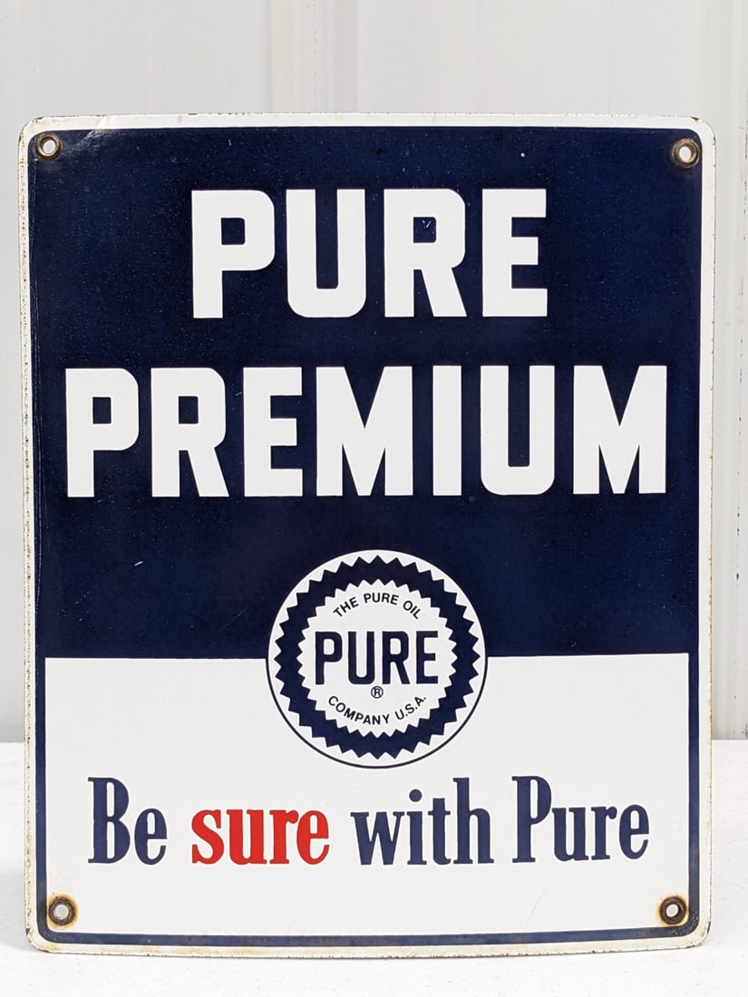 Vintage SSP Pure Oil Pure Premium Pump Plate Advertising Sign: Vintage single sided porcelain Pure Premium pump plate advertising sign. Has some rust and wear from use and age. Displays well with nice color and gloss. Measures approximately 12in tall by 10in acro