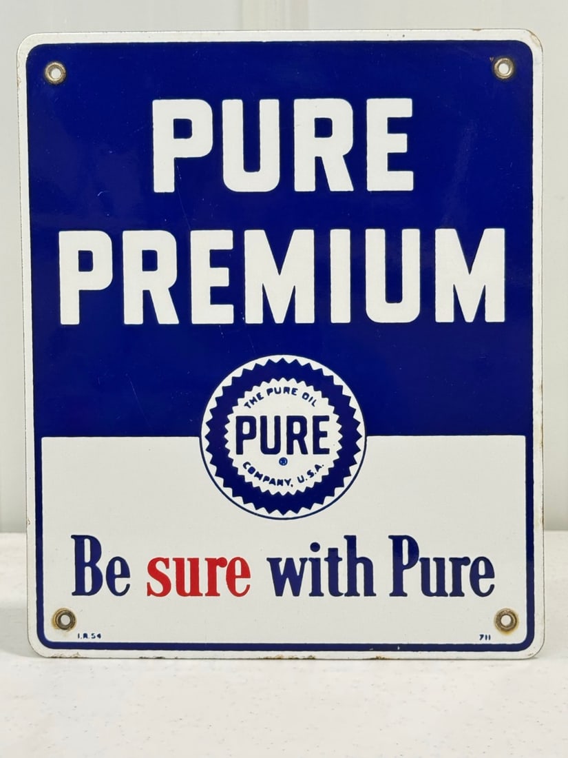 Vintage SSP Pure Oil Pure Premium Gas Pump Plate Advertising Sign: Vintage single sided porcelain Pure Premium pump plate advertising sign. Has light porcelain loss around edges and other wear from use and age. Displays well with nice color and gloss. Measures approx