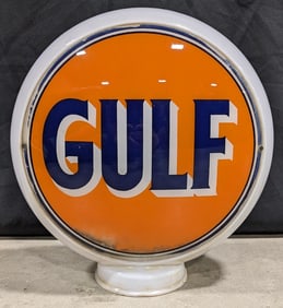 Early Gulf Service Station Gas Pump Globe w/ Milk Glass Body & 2 Lenses