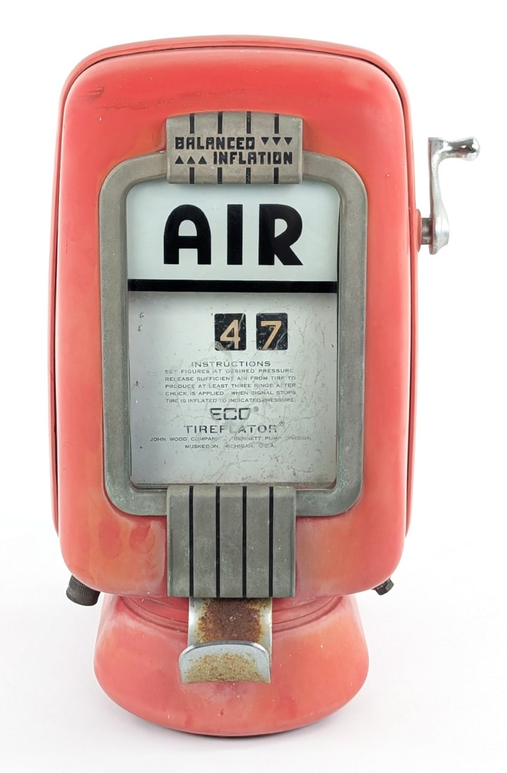 Vintage Eco Tireflator Air Meter w/ Wall Mount Bracket: Vintage original Eco Tireflator air meter with mall mount bracket. The air meter has discoloration, surface rust on the hose holder, and wear from use and age. Measures approximately 17" tall by 10" a
