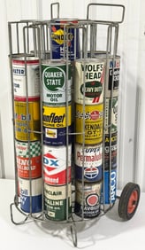 Vintage Gas Station Motor Oil Can Rolling Service Rack Full Of Vintage Oil Cans