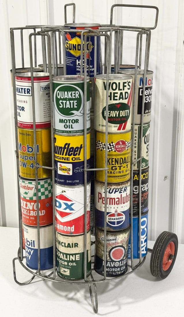 Vintage Gas Station Motor Oil Can Rolling Service Rack Full Of Vintage Oil Cans (1 of 6)