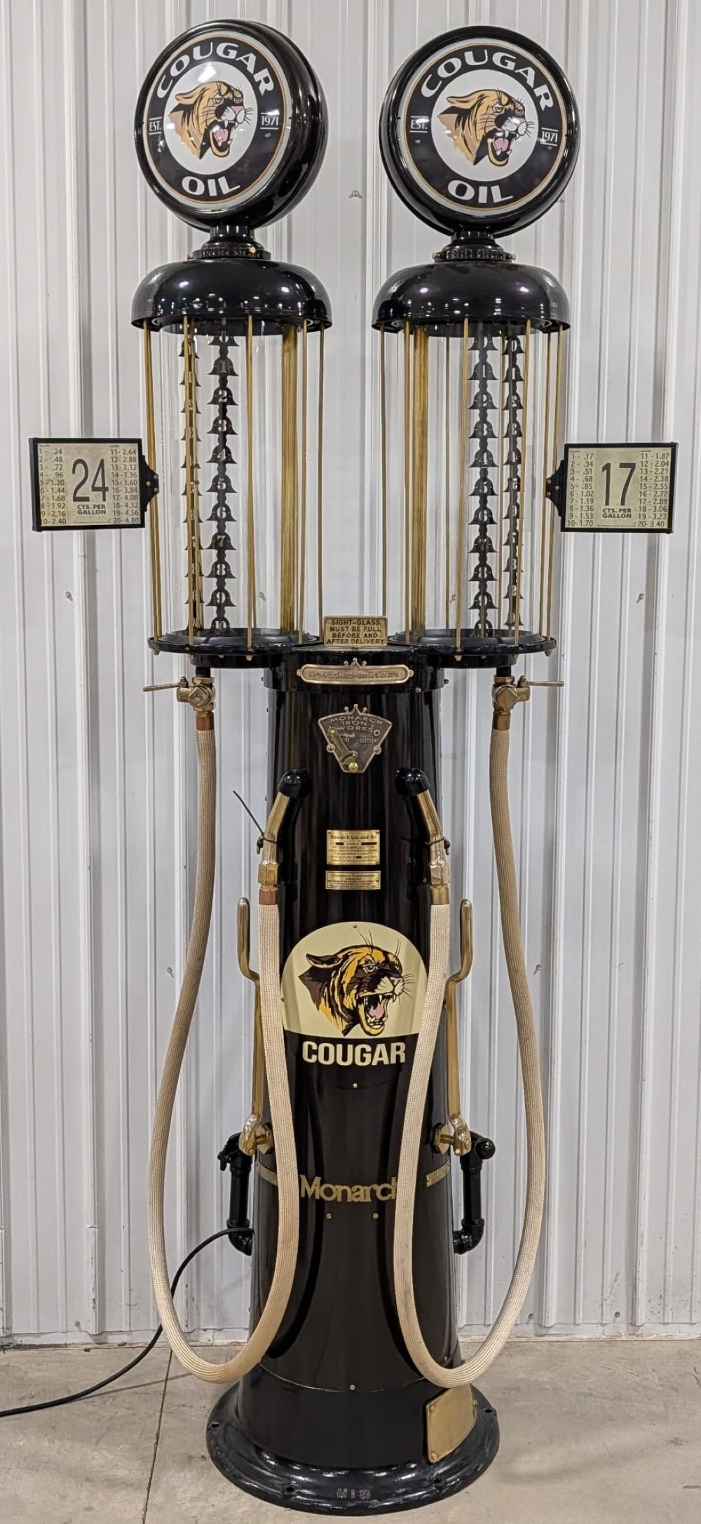 Cougar Fuels Monarch Double Visible Gas Pump w/ Rotating Globes: Outstanding custom Cougar Fuel Monarch double visible gas pump. It features custom Cougar pump plate , set of custom globes, and custom glossy paint job. Appears to be in excellent condition with ligh
