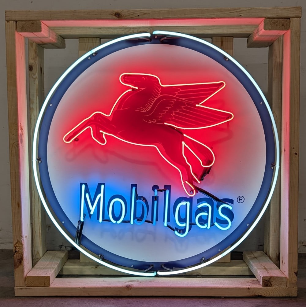 3ft Custom Mobilgas Neon Sign: Custom Mobilgas neon advertising sign. Sign features high gloss shine, new neon glass,and transformers. Easily displayed with die cut can featuring hanging brackets. Has been nicely crated for easy tr