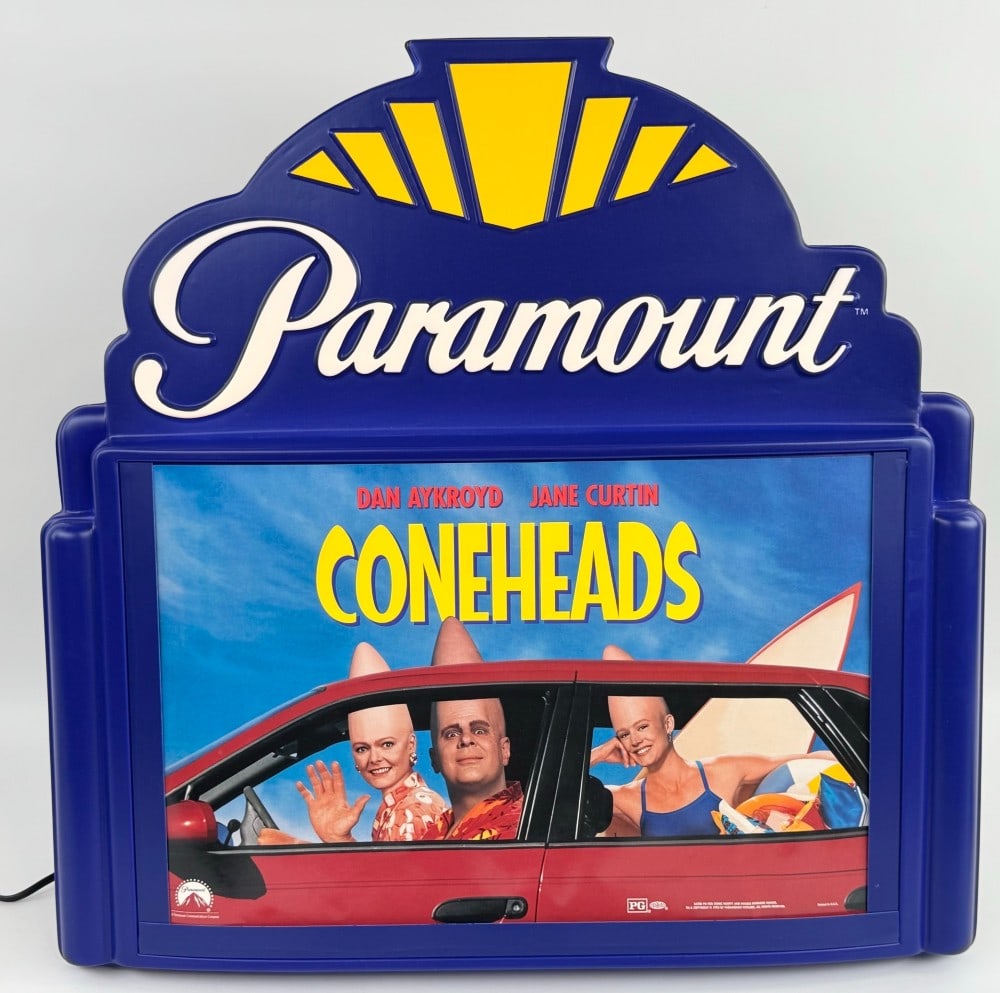 Vintage Paramount Movies Video Store / Movie Theater Lighted Countertop Display w/ Coneheads Poster: Vintage Paramount movies lighted embossed plastic countertop display for video stores and movie theaters. Display appears to be in very nice condition with light wear from use and age. Posters can be