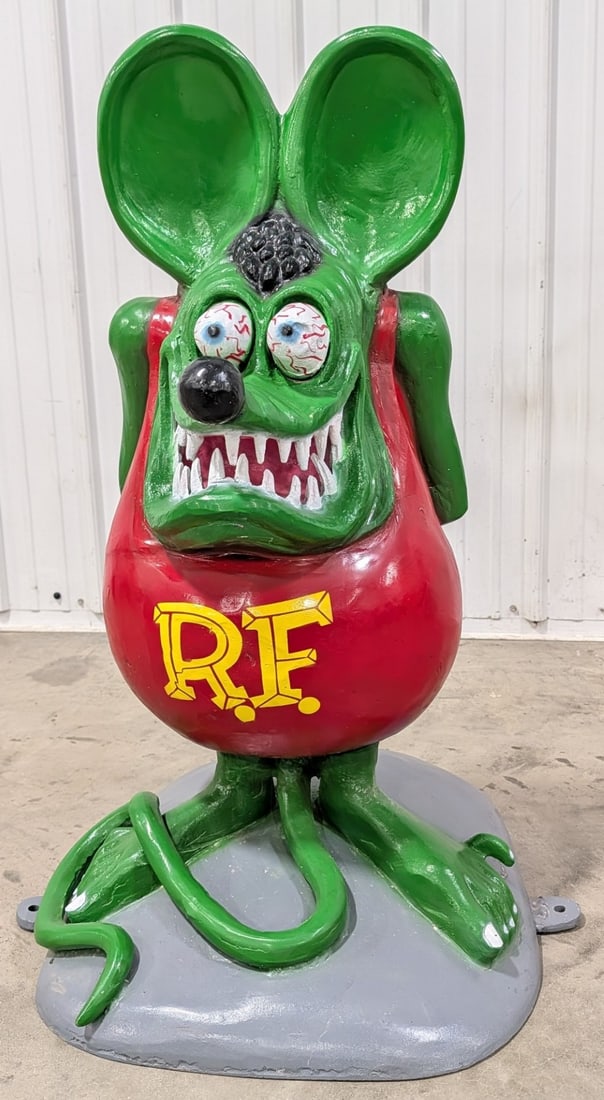 3ft Cast Metal Rat Fink Statue: Large cast metal Rat Fink Statue. Has some paint loss, and wear from display and storage. Measures approximately 3ft tall.