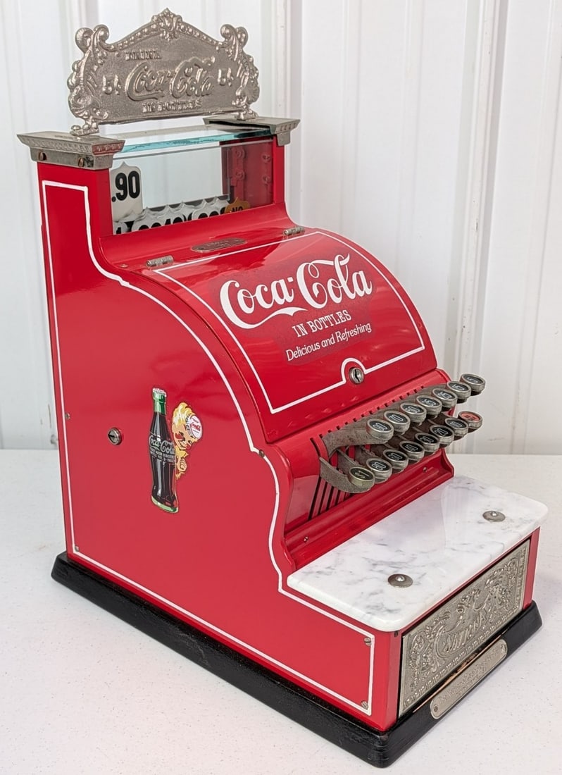 Restored Vintage Coca-Cola National Cash Register / Soda Fountain: Nice restored vintage National Cash Register with custom Coca-Cola theme. Appears to be in nice working condition with some scratches and wear from display and age. Does not include key. Appears to be