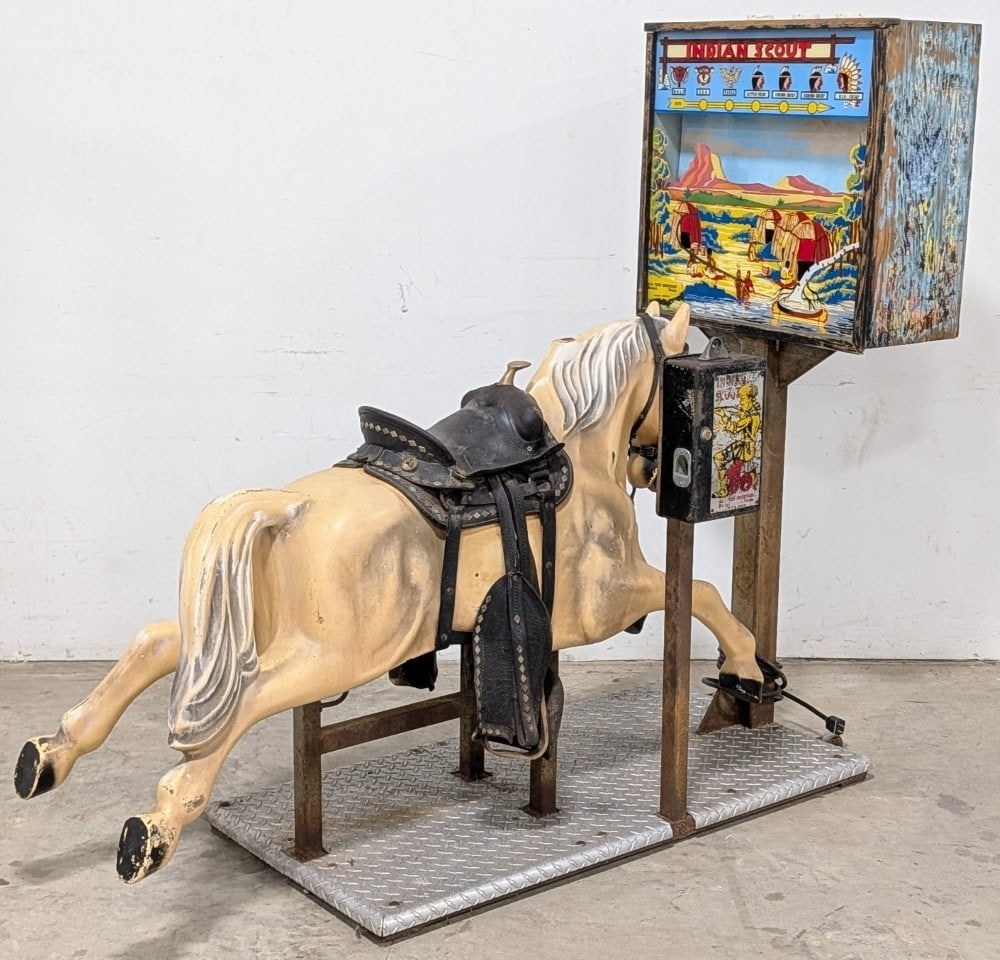 All-Tech Industries Indian Scout Horse Kiddie Ride / Arcade Machine: Original All-Tech Industries Indian Scout horse kiddie ride with an attached arcade gun game unit. It is missing the mounted gun on the horse. The unit is currently not working and in original conditi