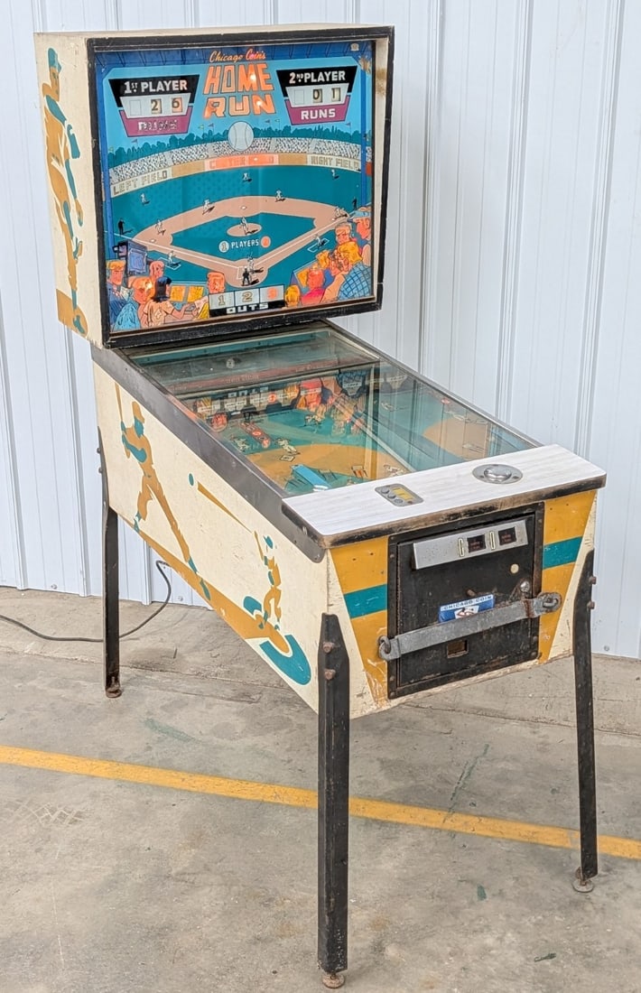 Vintage 25? Chicago Coins Home Run Baseball Arcade Game: Hard to find vintage Chicago Coins Home Run full size coin operated arcade game. Unrestored original condition with paint loss, weathering to wood cabinet, surface rust, and other wear form use and ag