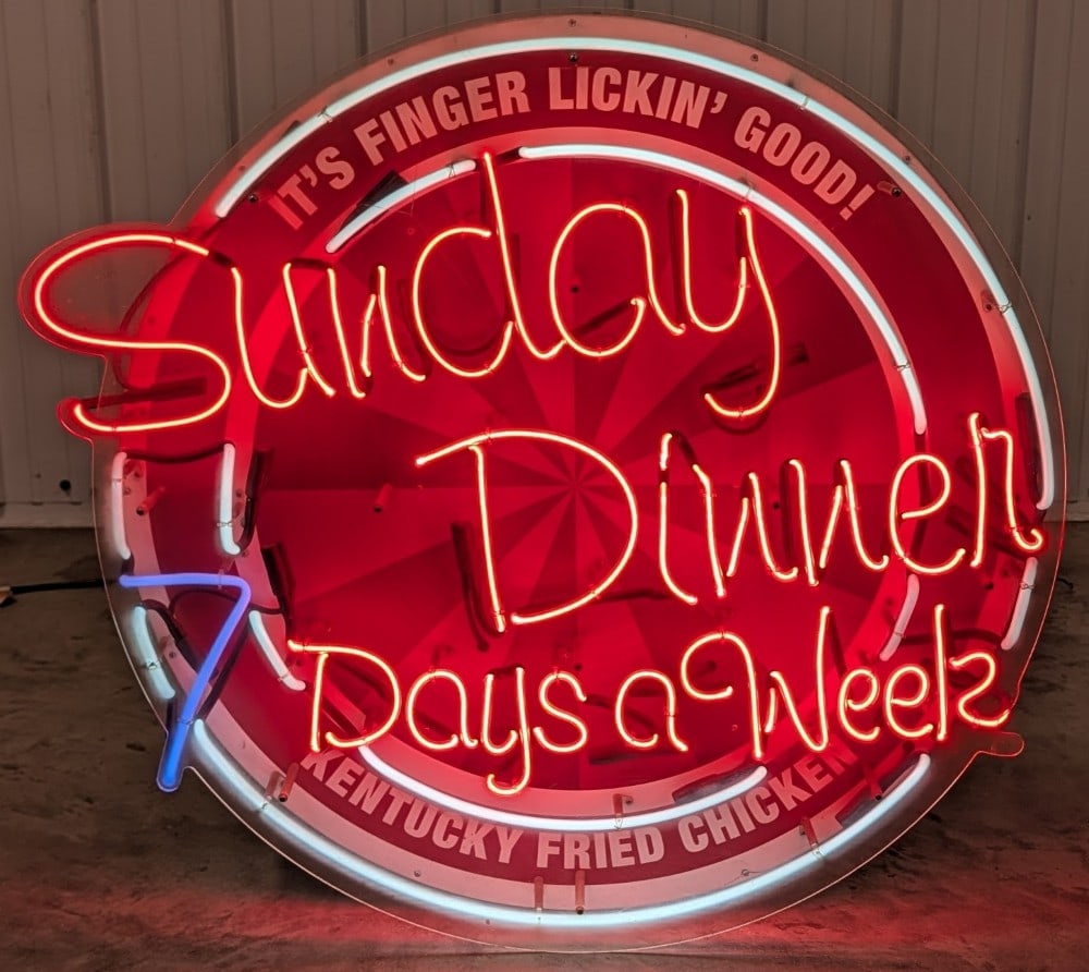 Large KFC Sunday Meals 7 Days A Week Neon Sign / Kentucky Fried Chicken: Large KFC Kentucky Fried Chicken Sunday Dinner 7 Days a week neon advertising sign. Good working condition with scratches, discoloration and wear from use. The outer plexiglass front does have scratch