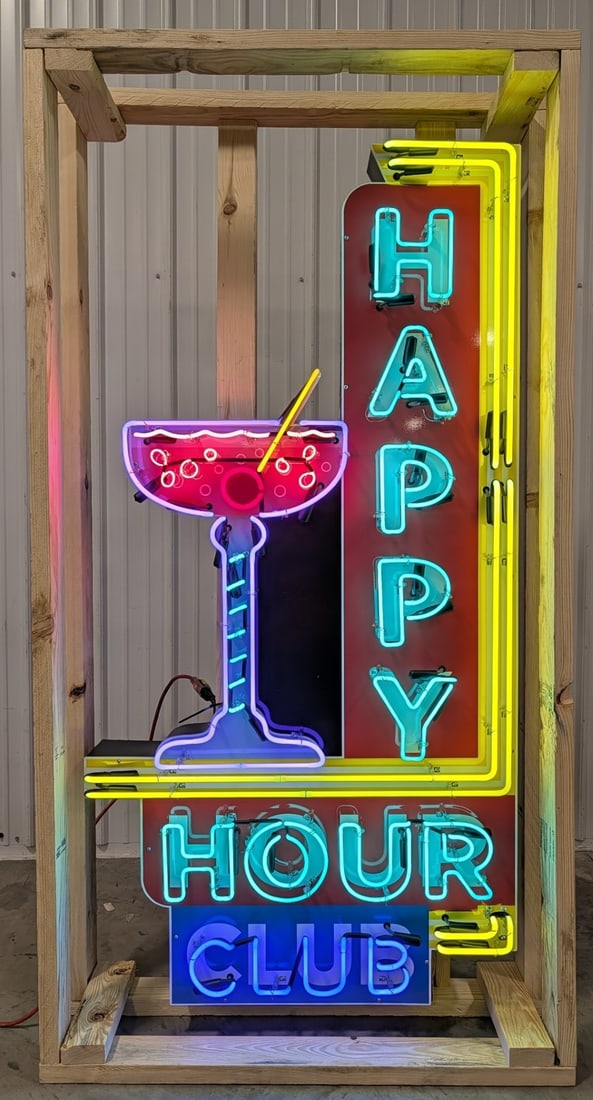 6ft Custom Happy Hour Club Neon Sign: Single sided tin Happy Hour 6-color neon advertising sign. Sign features high gloss shine, new neon glass,and transformers. Easily displayed with die cut can featuring hanging brackets. Has been nicel