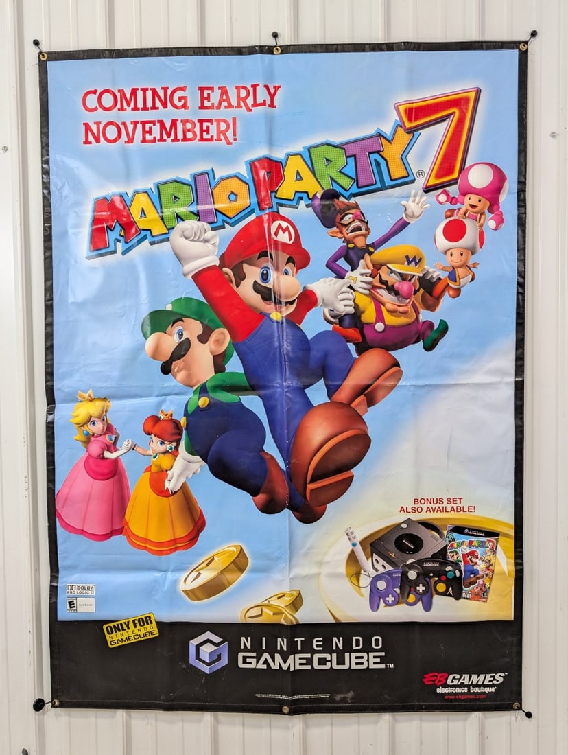 5-1/2ft Original Nintendo DS Mario Kart & Game Cube Mario Party 7 2-Sided Banner / Video Game: Hard to find original double sided 2005 Nintendo Game Cube Mario Party 7 promotional vinyl banner with Nintendo DS Mario Kart on reverse side. Appears to be in good condition with creases, discolorati