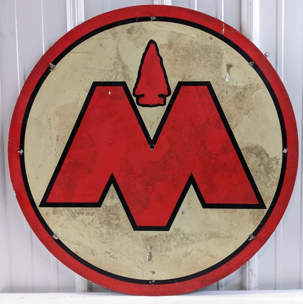 Vintage SST Monon Railroad Hoosier Line Advertising Reflective Sign: Vintage single sided metal Monon Railroad Hoosier Line advertising sign. Has discoloration, scratches, and other wear from use and age. Displays well. Measures approximately 29-3/4in in diameter