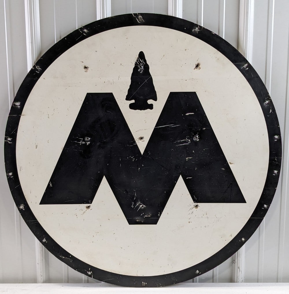 3ft Vintage SST Monon Railroad Hoosier Line Advertising Sign: Large vintage single sided metal Monon Hoosier Line Railroad advertising sign. Appears to be in good condition with some paint loss, scratches, and other wear from use and age. It measures approximate